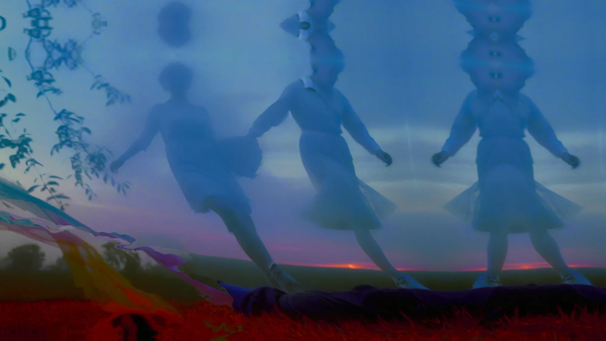 Still from the video of Step 6: Like a Rothko Painting. Translucent dancers in pale dresses against a violet dusk sky, a red field and a smear of colour sliding off the frame.